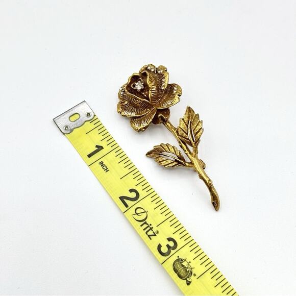 Goldette Antiqued Gold Tone Metal Rose Flower Rhinestone Pin Brooch Estate - Picture 7 of 7